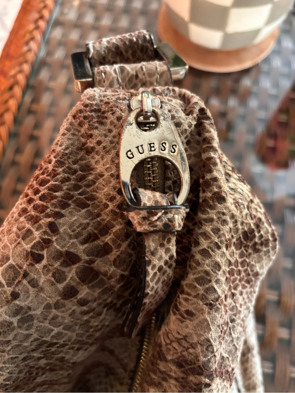 GUESS Taupe Brown Snake-Print Shoulder Bag with Buckle Detail